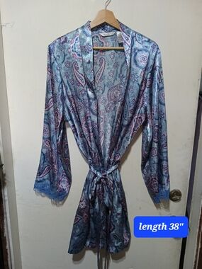delicates Satin Paisley Kimono Robe in Blue and Pink